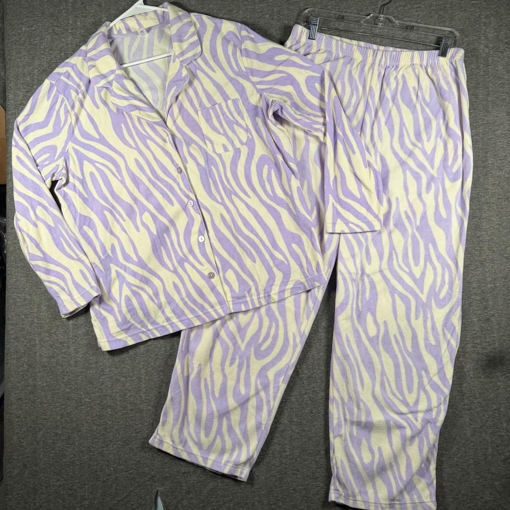 Pink K Kmart Pajama Set Womens XL Purple Zebra Print Button Top Pants Y2K Comfy
